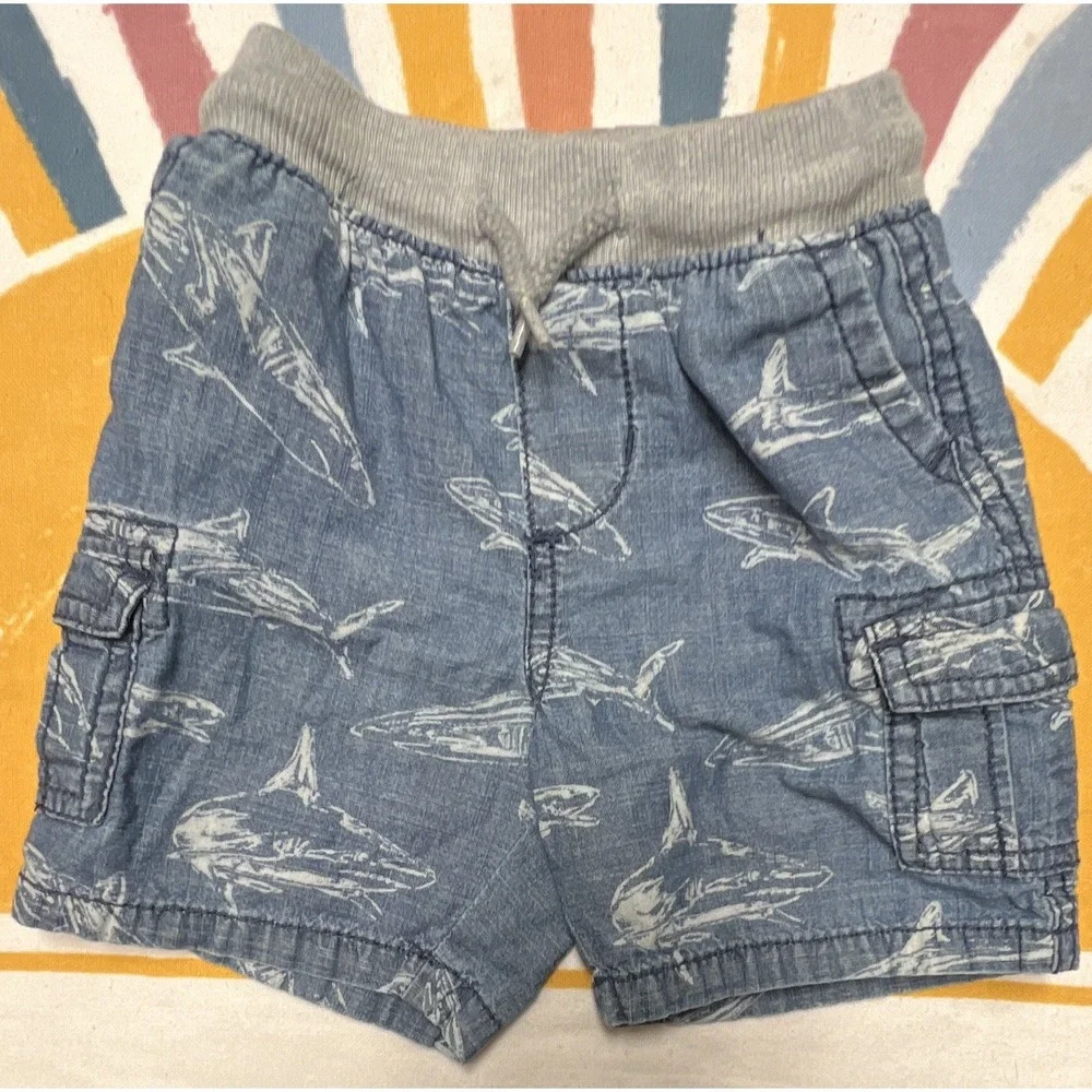 OshKosh B'gosh Boys 18M Blue Shark Print Cargo Shorts Pull-On Drawstring k32.2